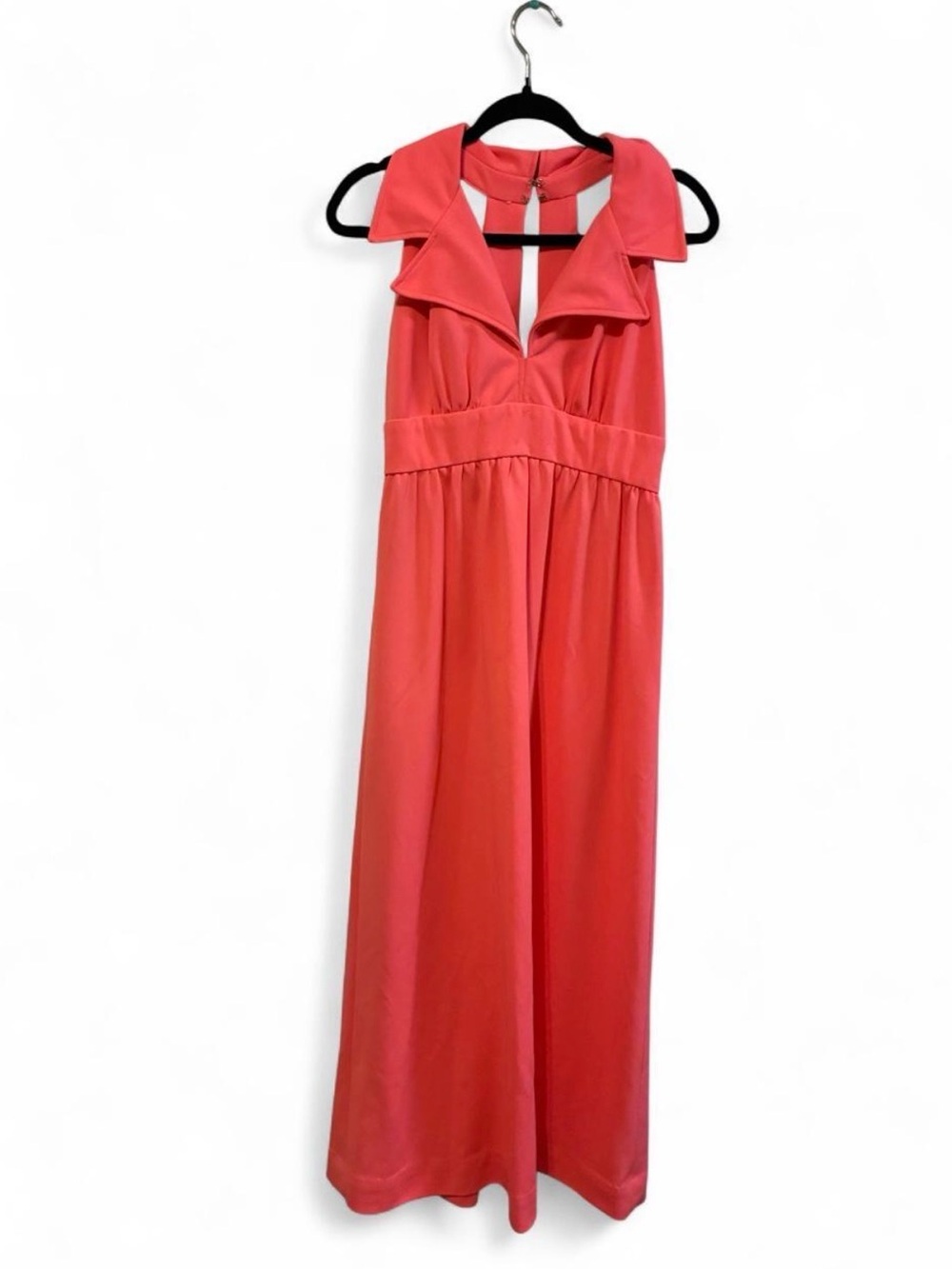 Vintage Coral Maxi Dress with Fold-Over Collar